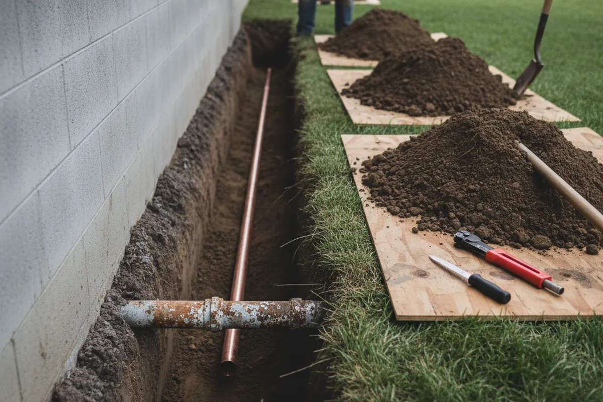 Excavated water line trench during Water Heater Repair in Brainard